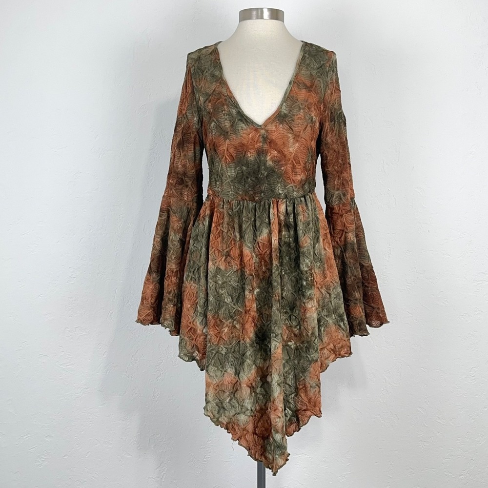 Whimsical Forest Fairy Grunge Dress Size XL Brown Green Bell Sleeve Asymmetric